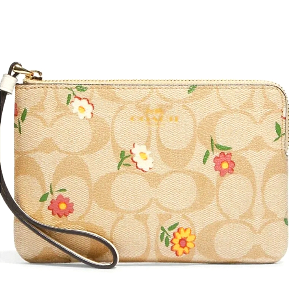 Coach Corner Zip Wristlet In Signature Canvas w/ Nostalgic Ditsy Print🌼🌸🌻 NWT